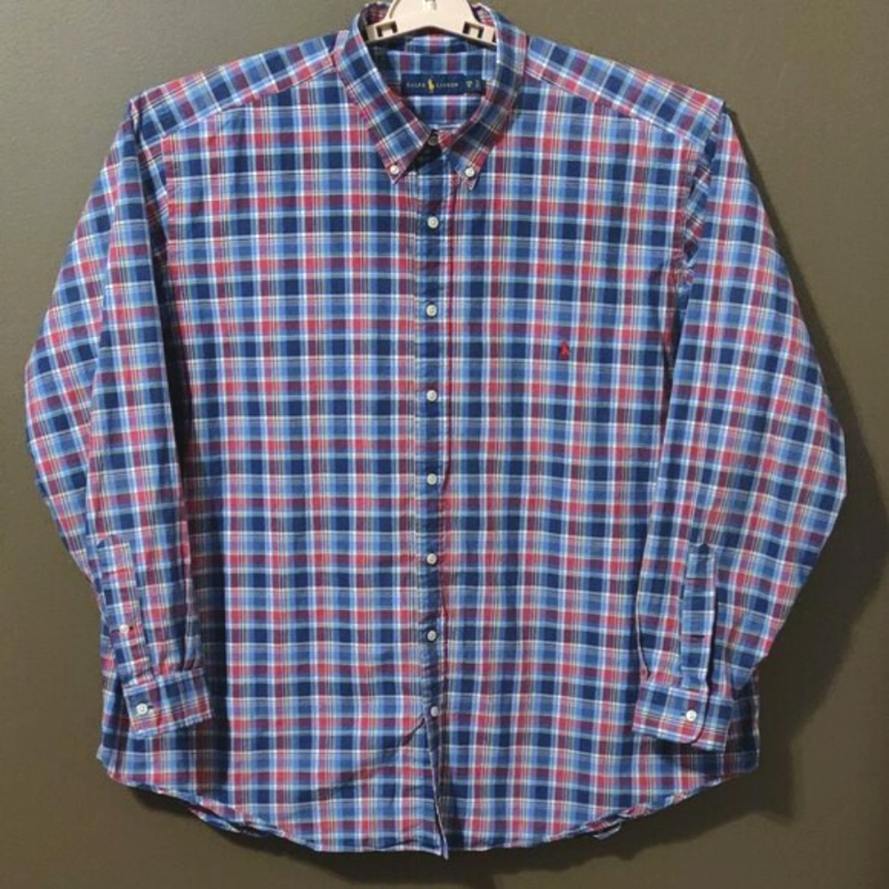 Ralph Lauren Blue & Red Plaid Long Sleeve Button Down Shirt Men's SIZE 3…